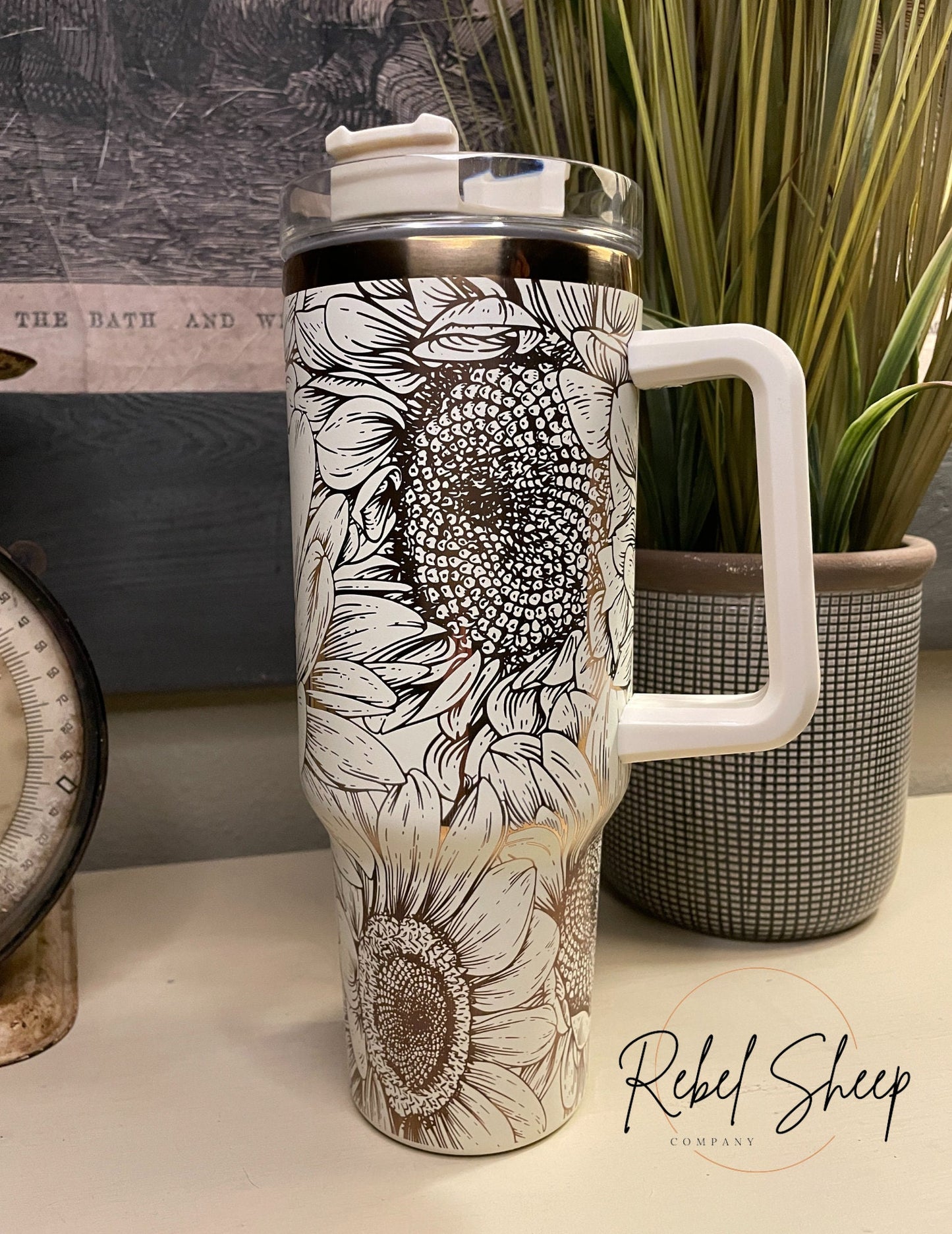 40 oz. Copper/Cream Tumbler with Handle Laser Engraved with Sunflowers