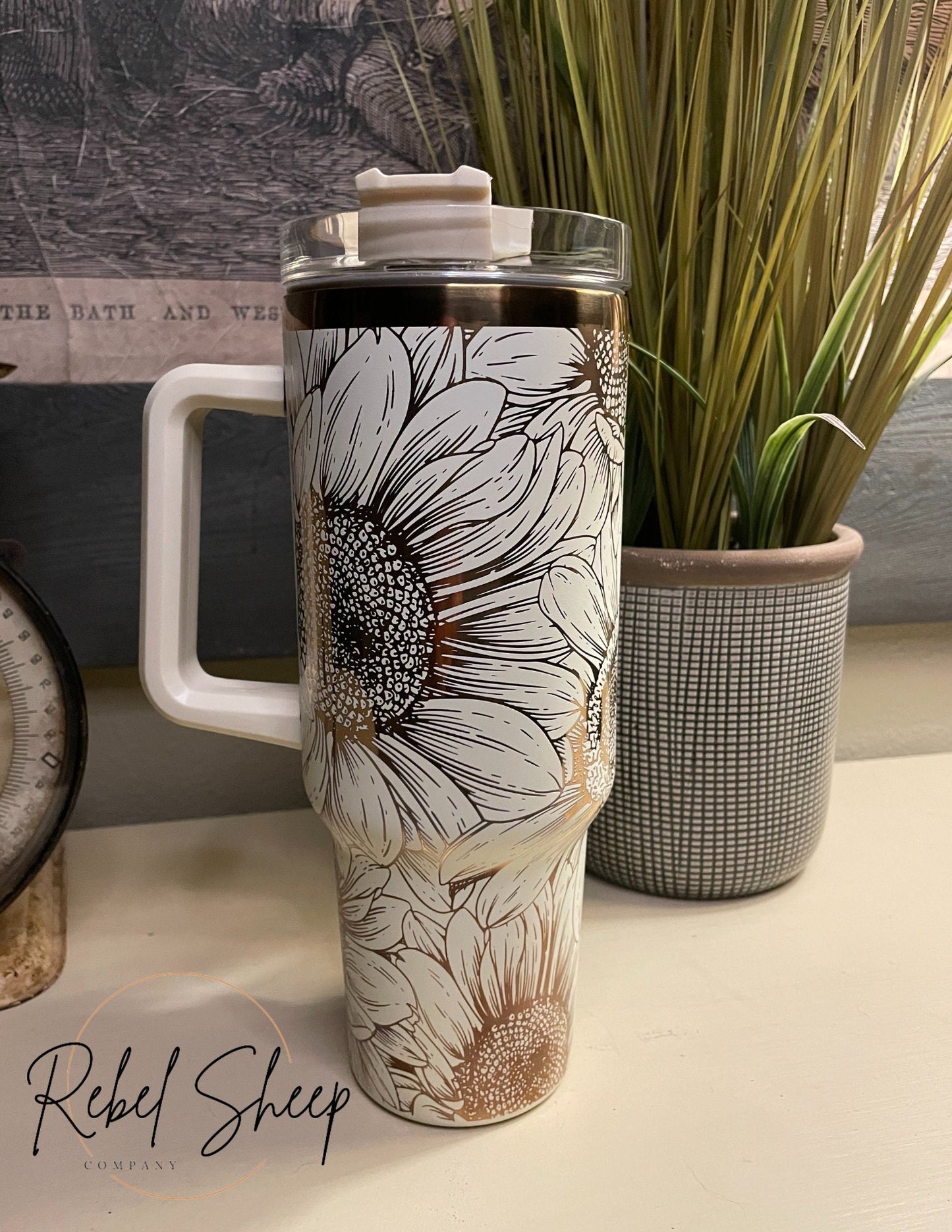 40 oz. Copper/Cream Tumbler with Handle Laser Engraved with Sunflowers