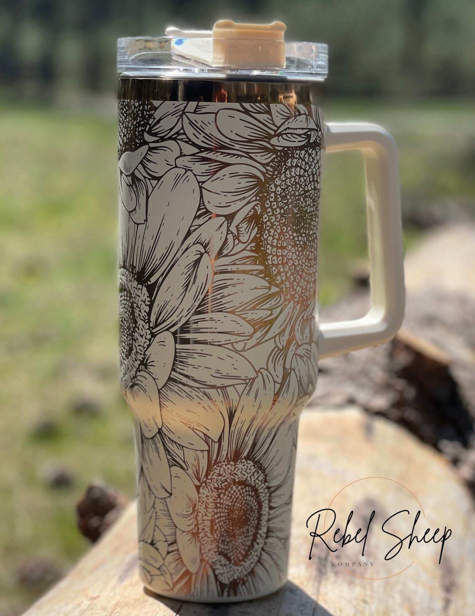 40 oz. Copper/Cream Tumbler with Handle Laser Engraved with Sunflowers