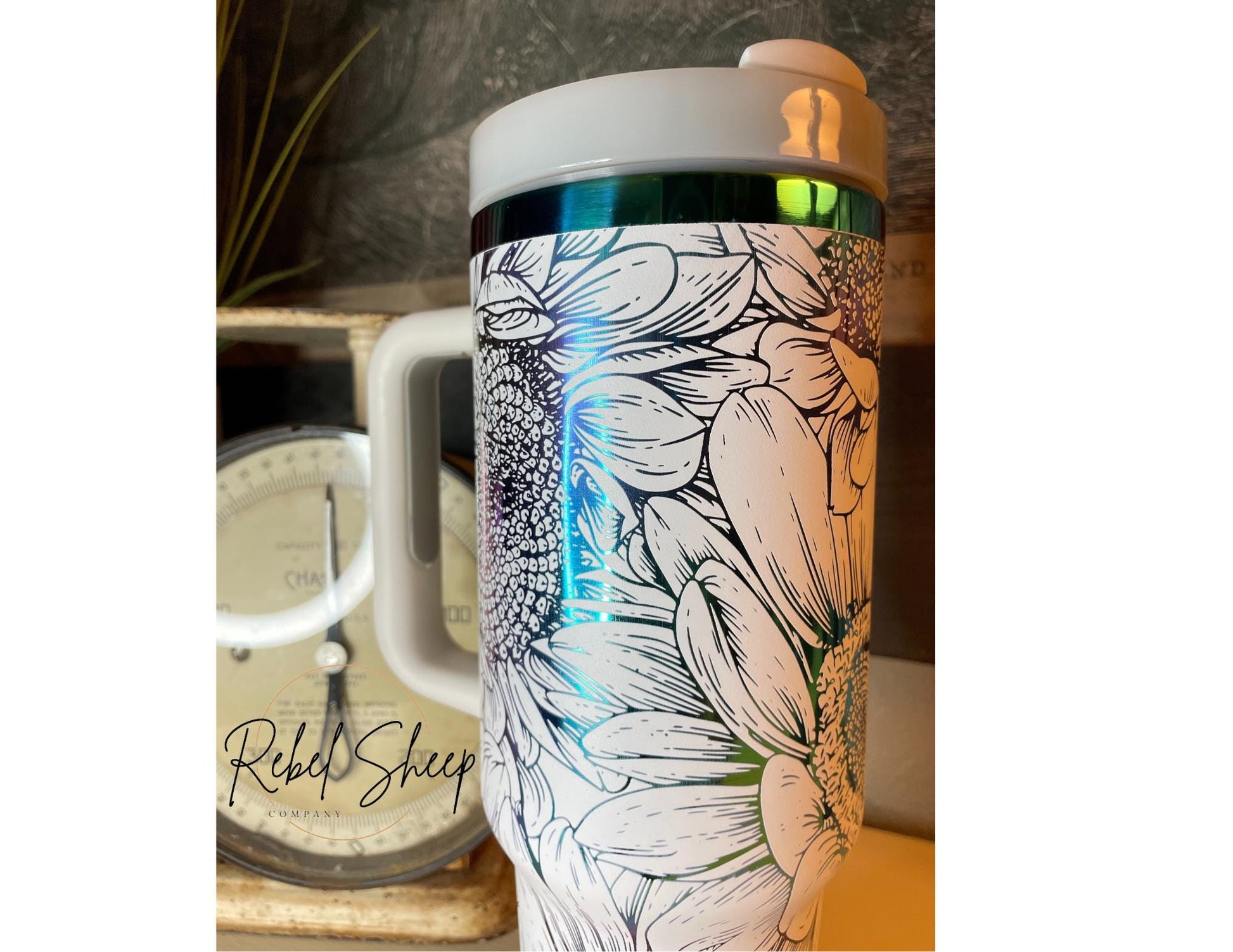 40 oz. Tumbler with Handle Laser Engraved with Sunflowers White on Rainbow