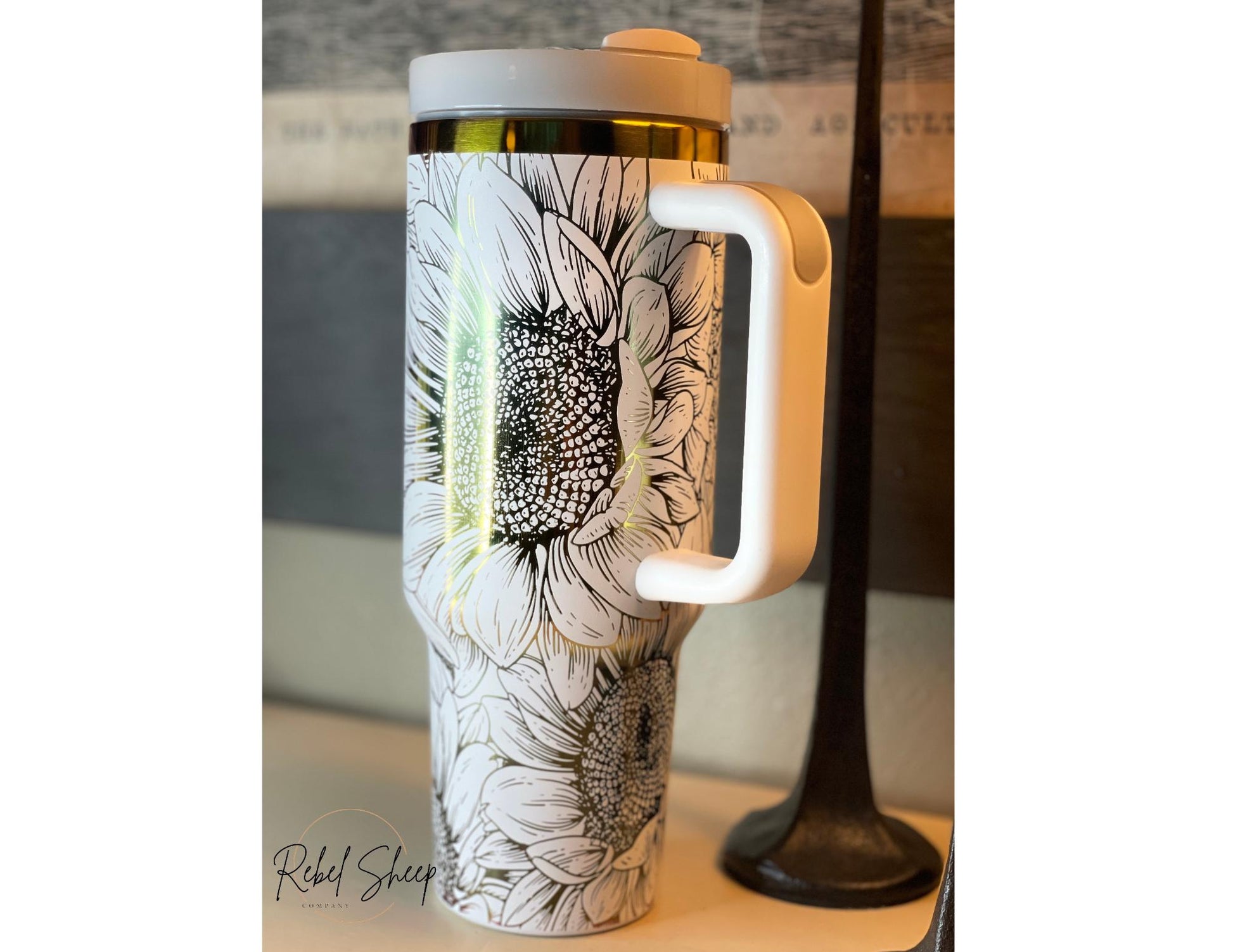 40 oz. Tumbler with Handle Laser Engraved with Sunflowers White on Rainbow
