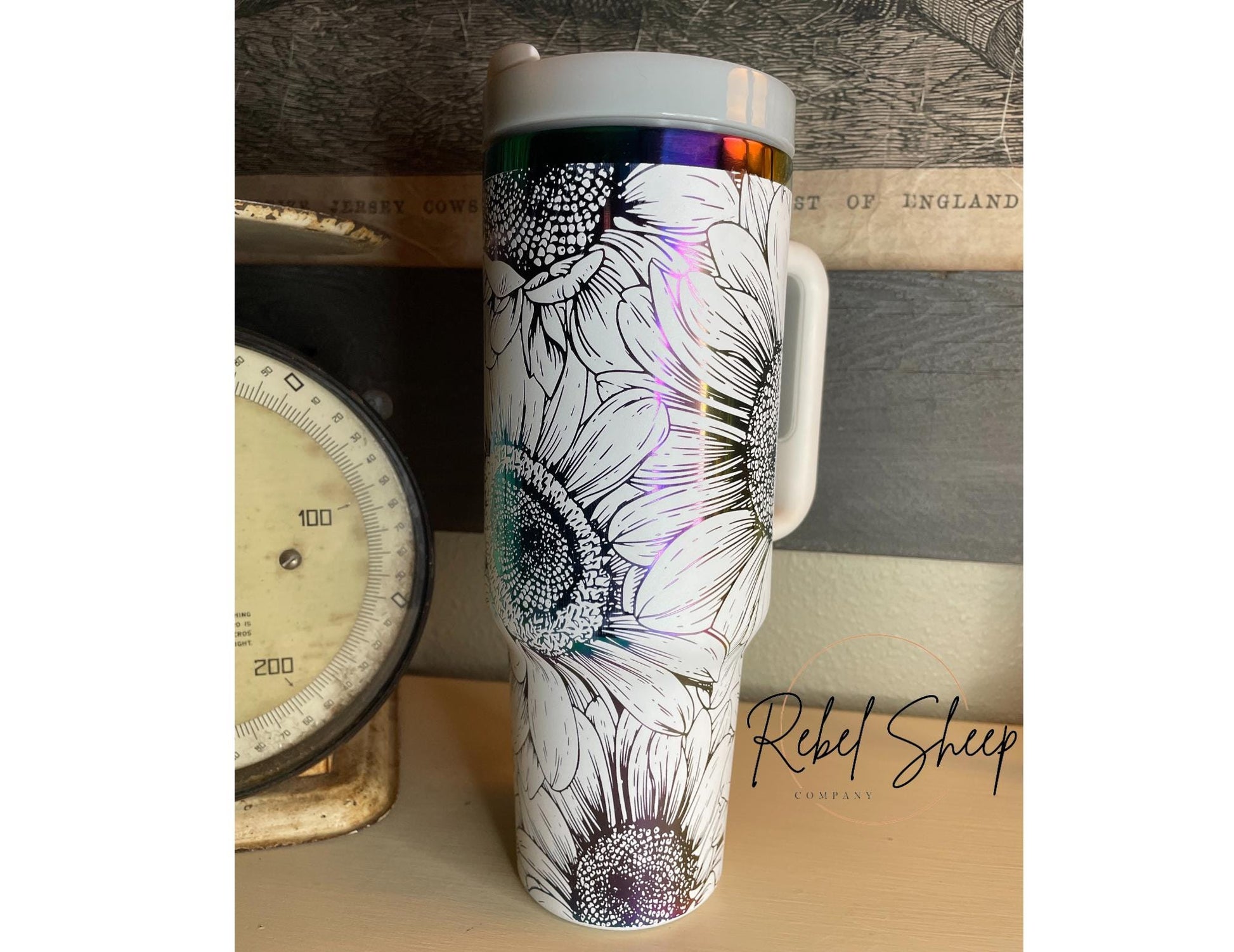 40 oz. Tumbler with Handle Laser Engraved with Sunflowers White on Rainbow