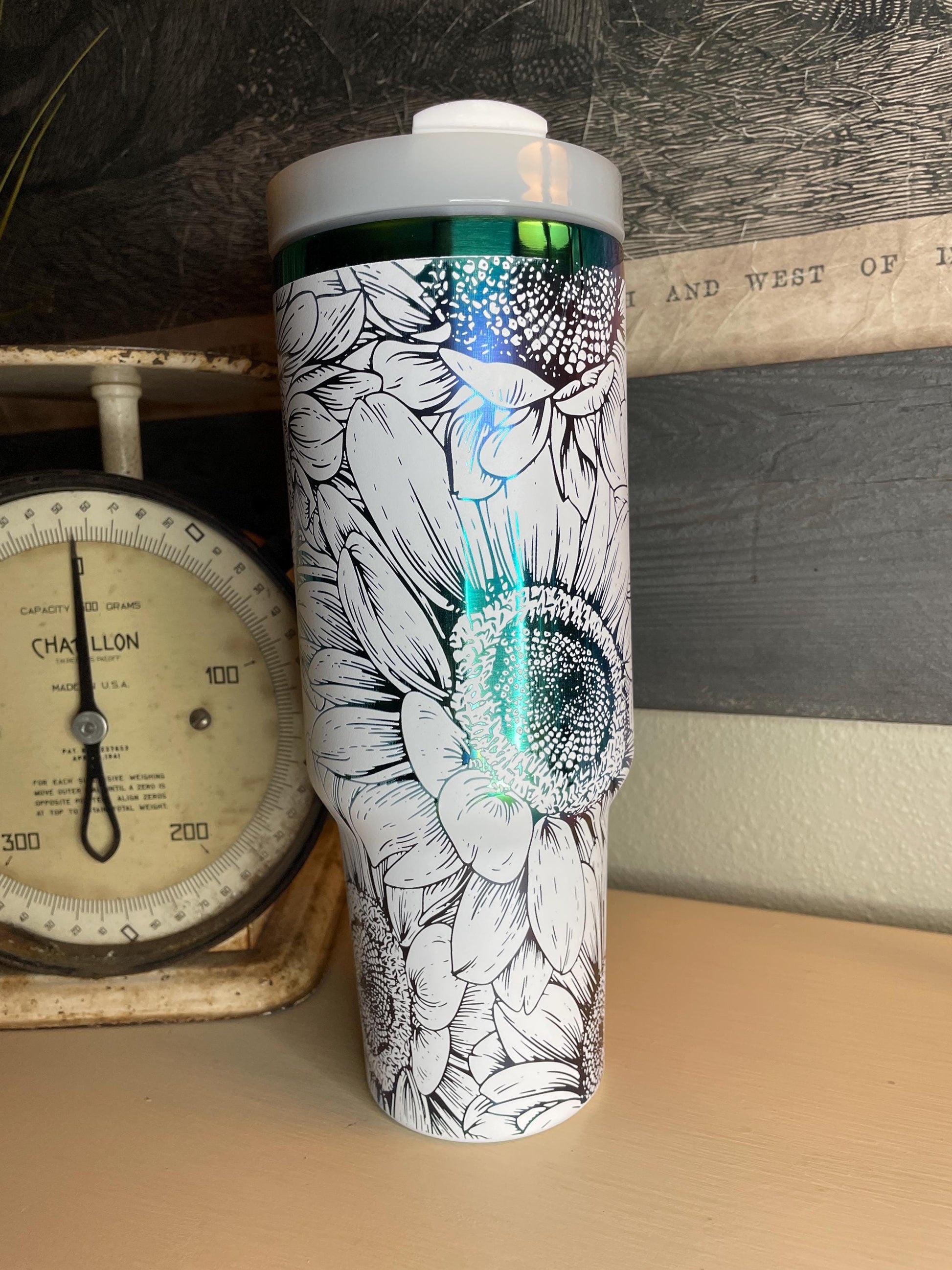 40 oz. Tumbler with Handle Laser Engraved with Sunflowers White on Rainbow