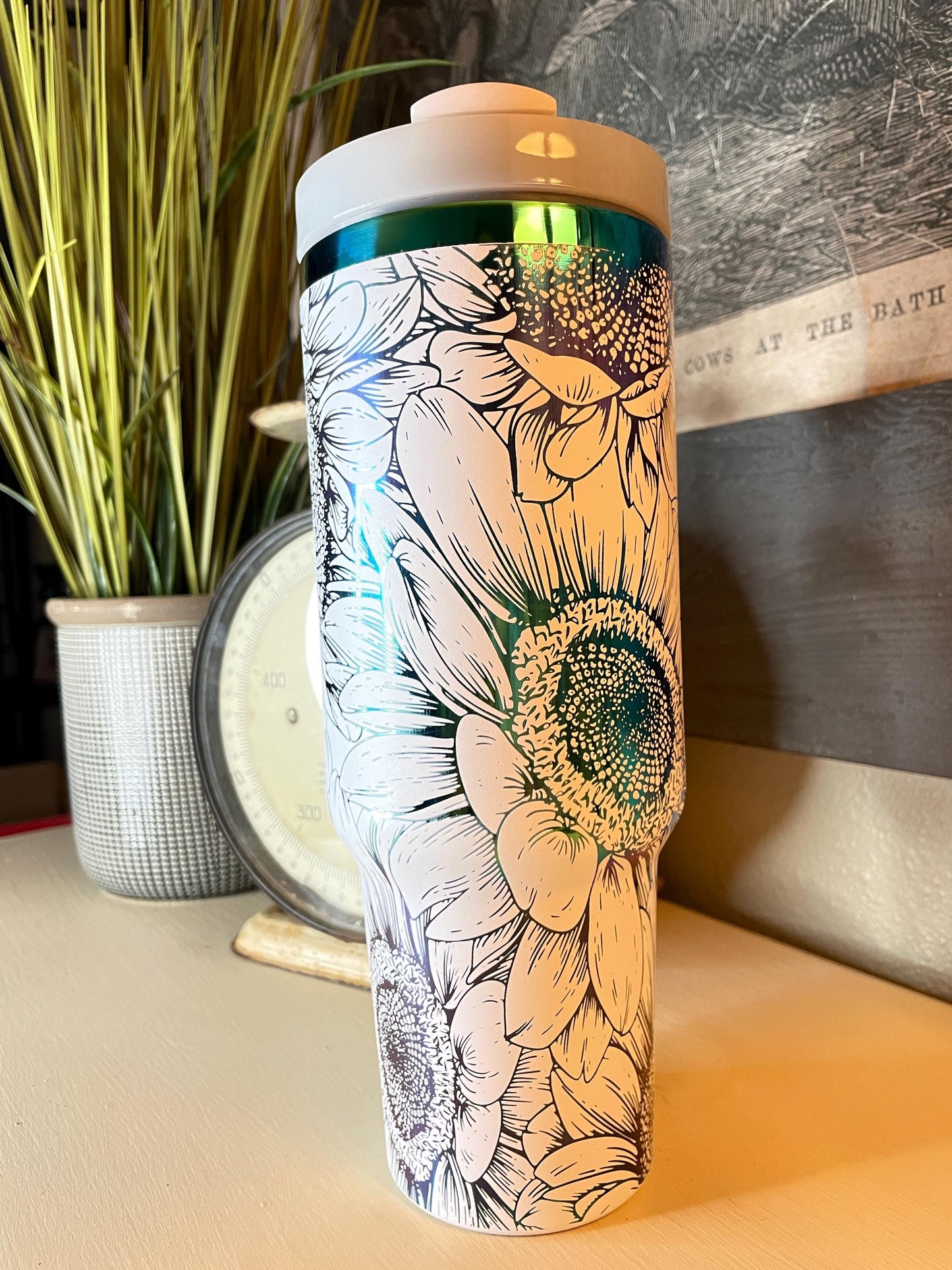 40 oz. Tumbler with Handle Laser Engraved with Sunflowers White on Rainbow