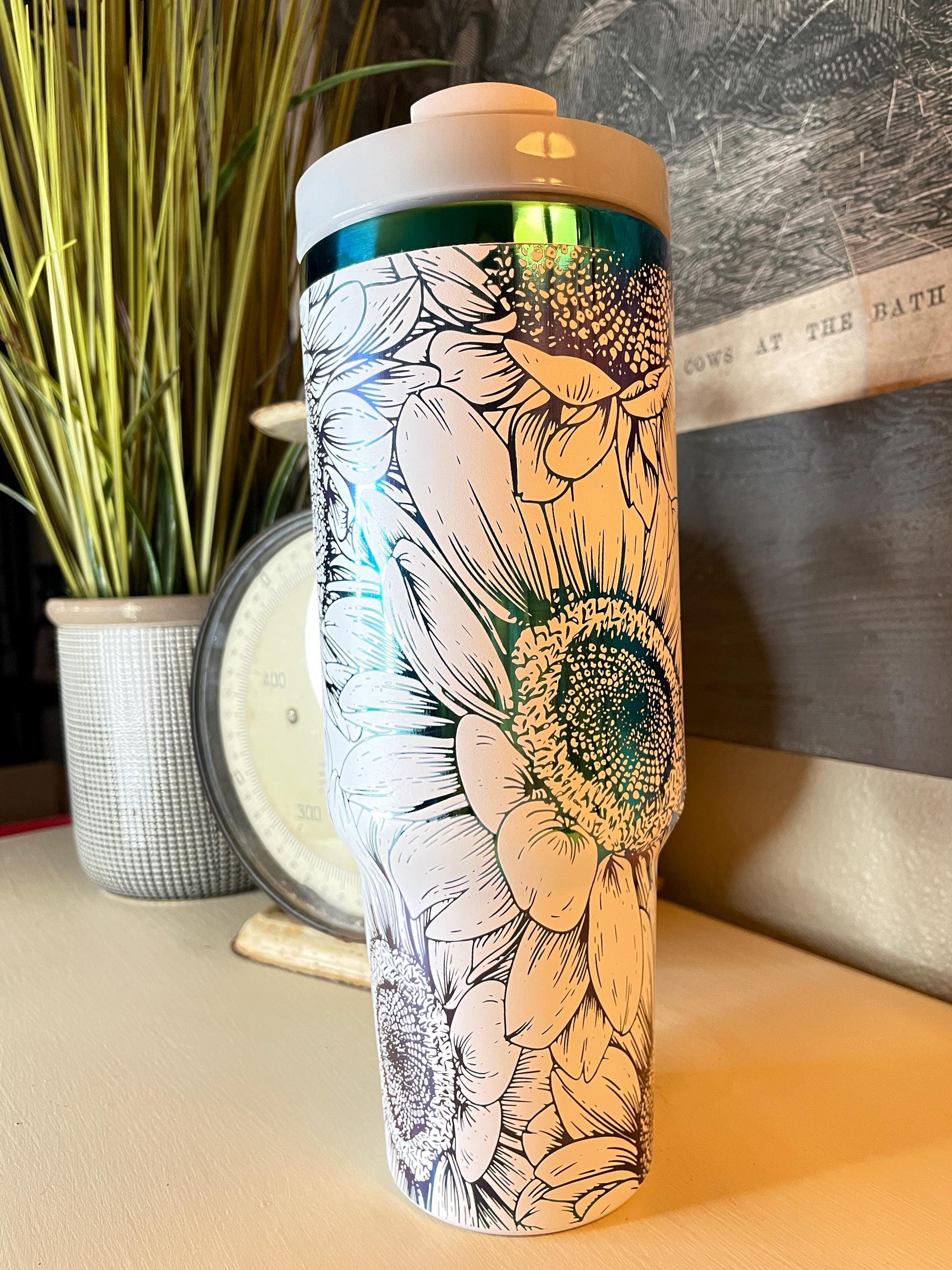 40 oz. Tumbler with Handle Laser Engraved with Sunflowers White on Rainbow