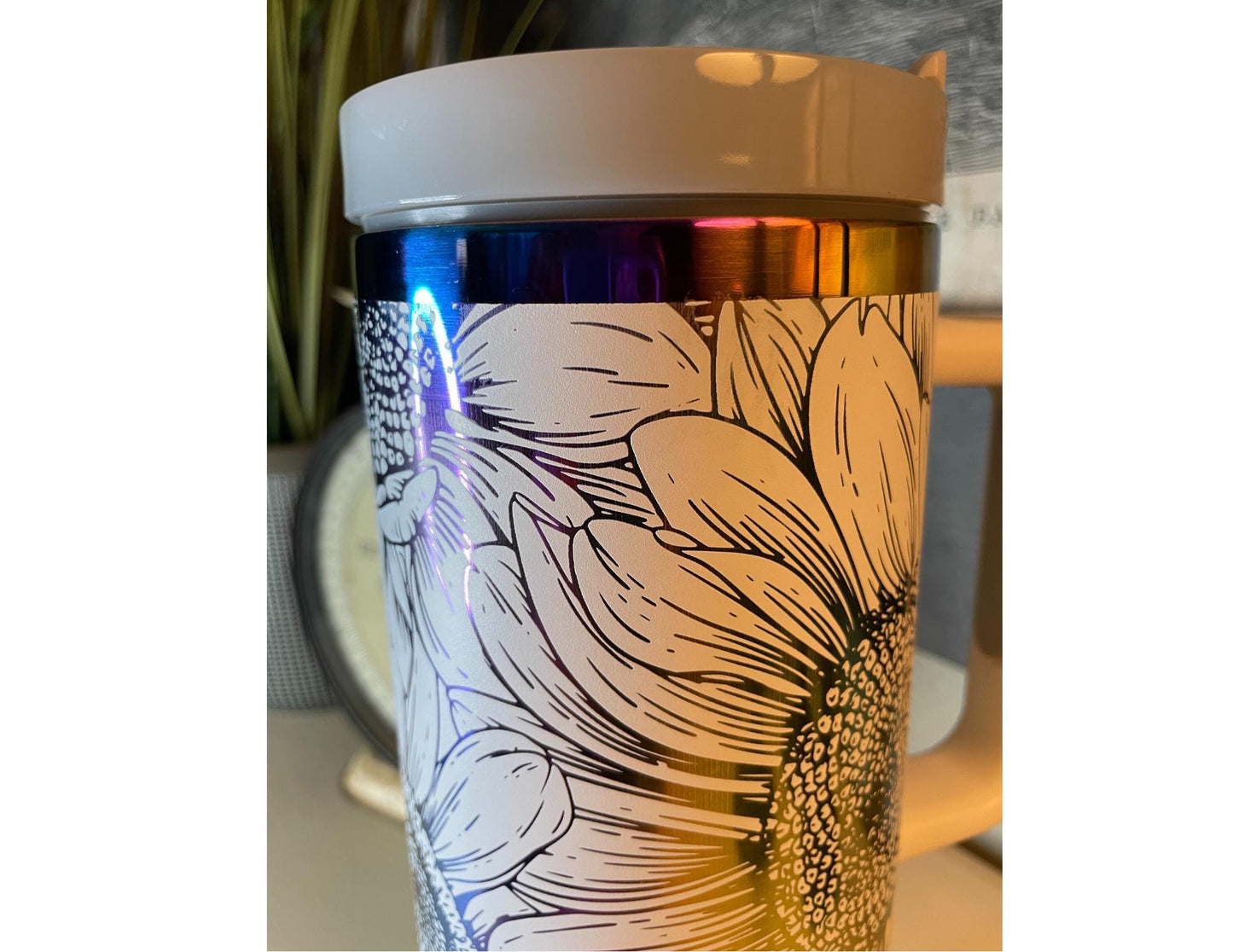 40 oz. Tumbler with Handle Laser Engraved with Sunflowers White on Rainbow