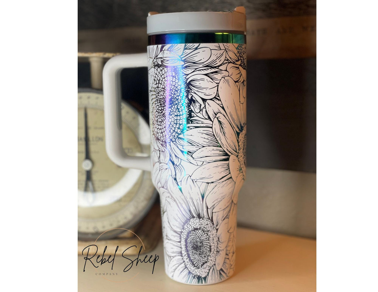 40 oz. Tumbler with Handle Laser Engraved with Sunflowers White on Rainbow