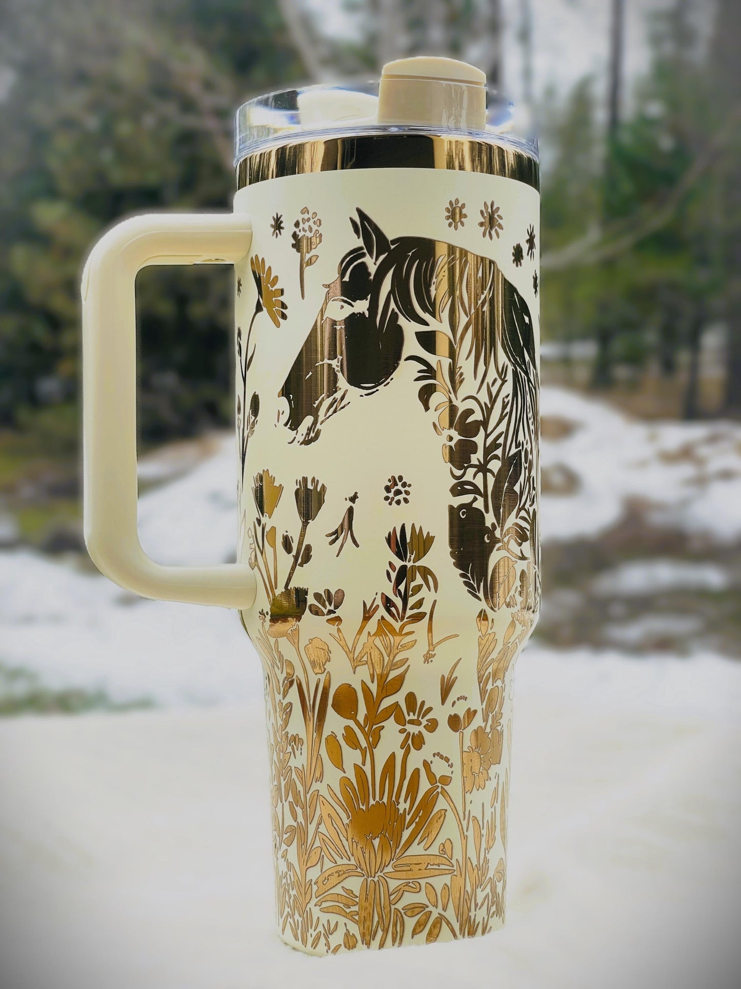 40 oz. Laser Engraved Tumbler Horse with Floral Design Copper & Cream Insulated Stanley Style