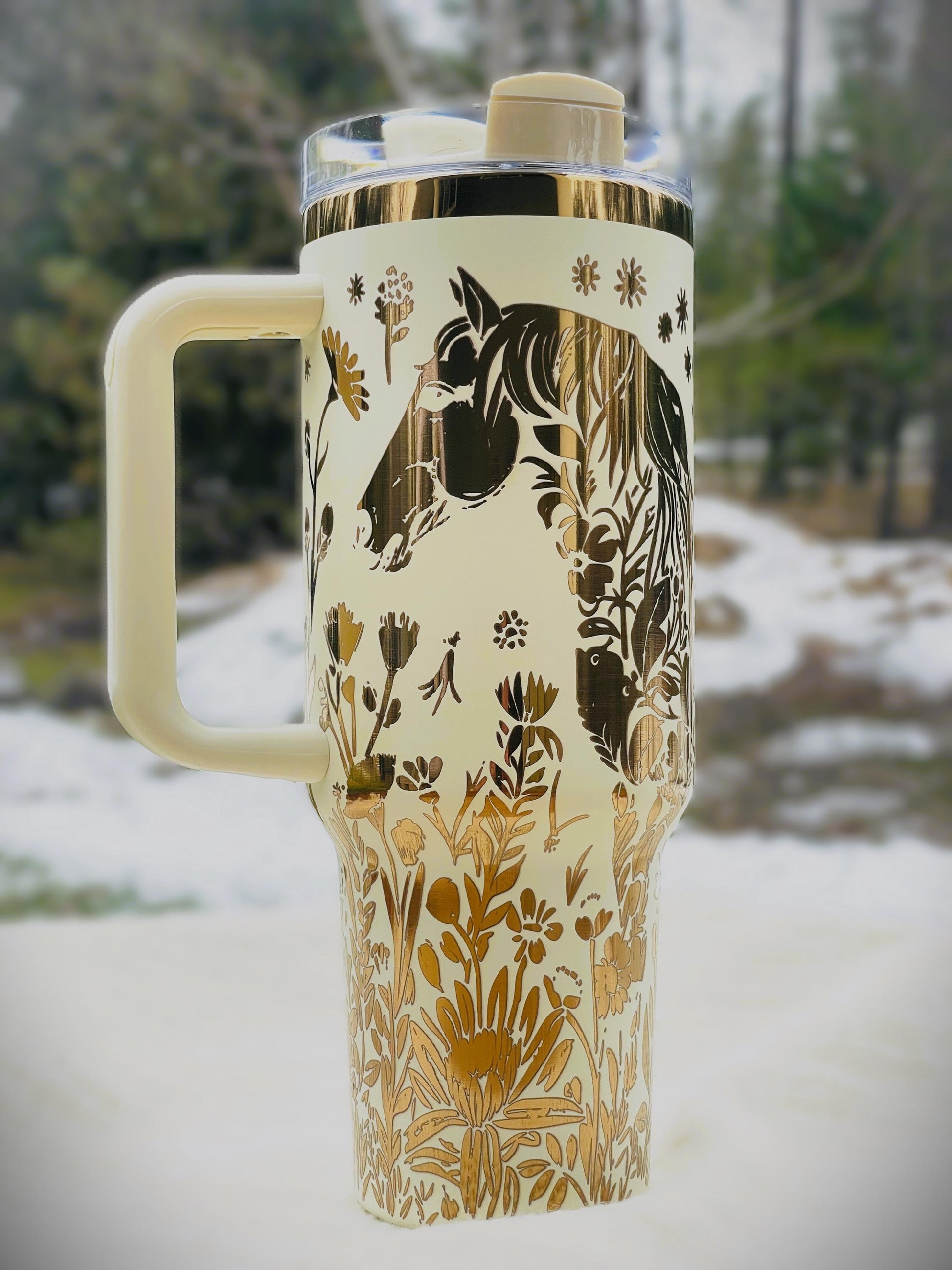 40 oz. Laser Engraved Tumbler Horse with Floral Design Copper & Cream Insulated Stanley Style
