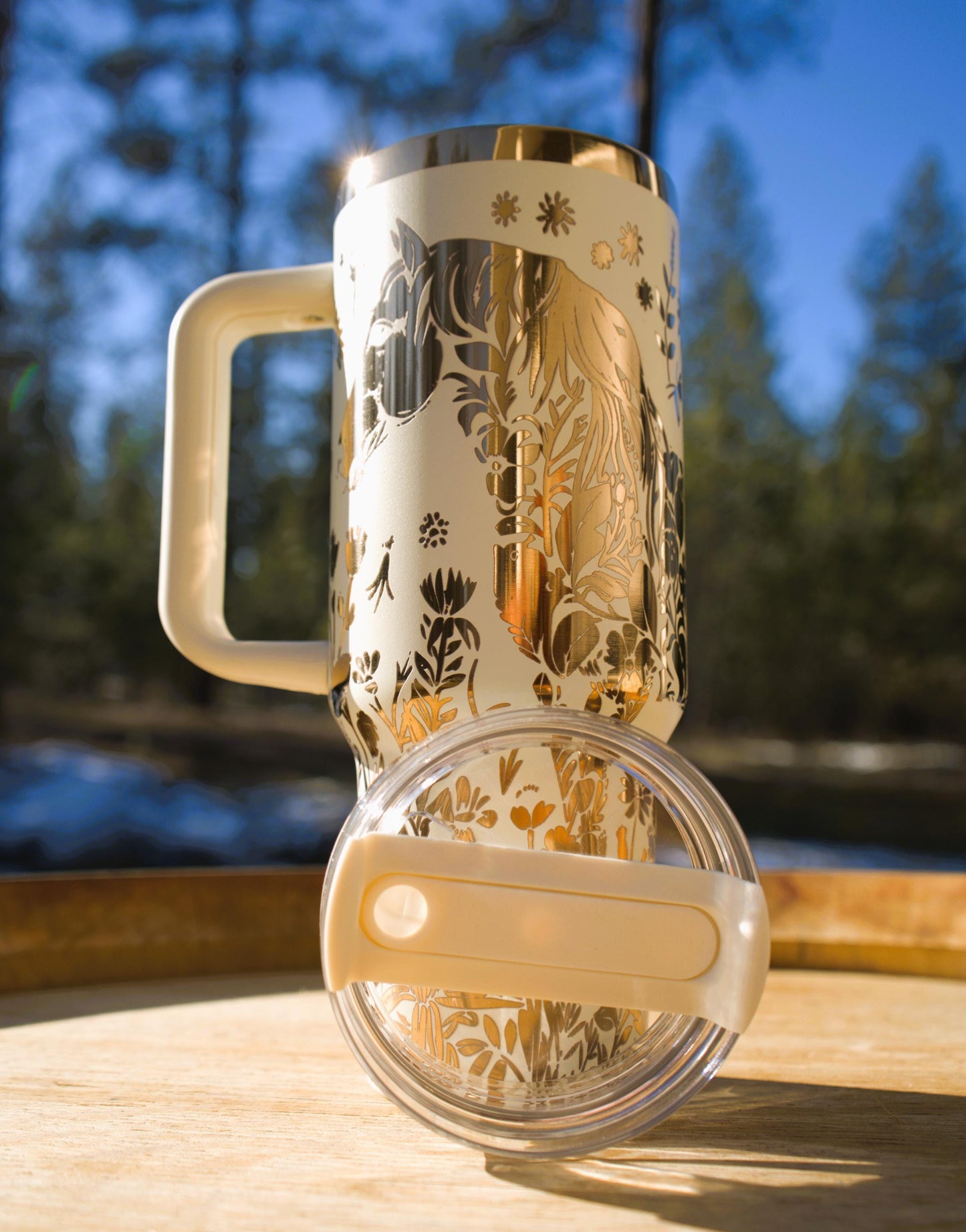 40 oz. Laser Engraved Tumbler Horse with Floral Design Copper & Cream Insulated Stanley Style