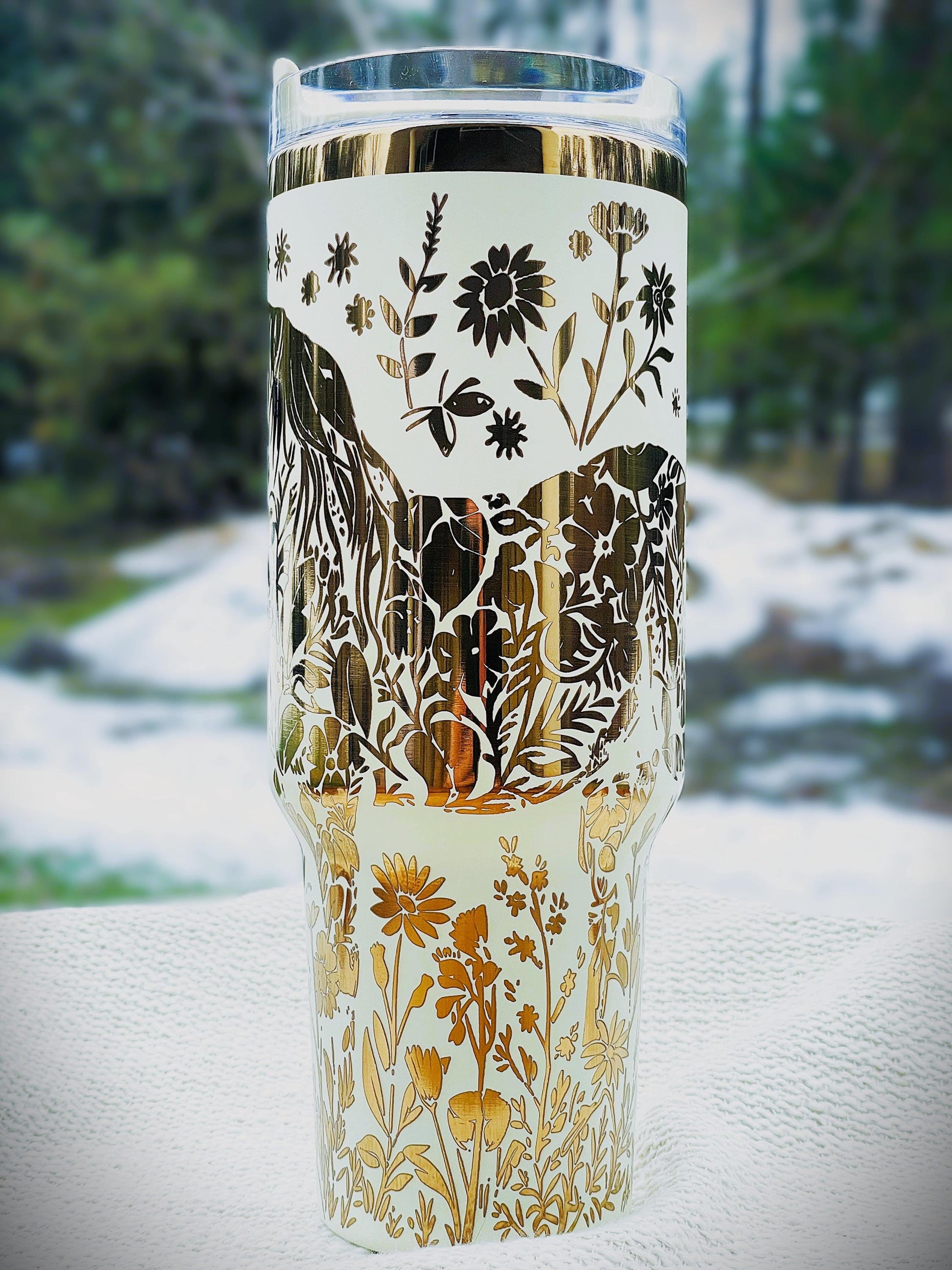 40 oz. Laser Engraved Tumbler Horse with Floral Design Copper & Cream Insulated Stanley Style