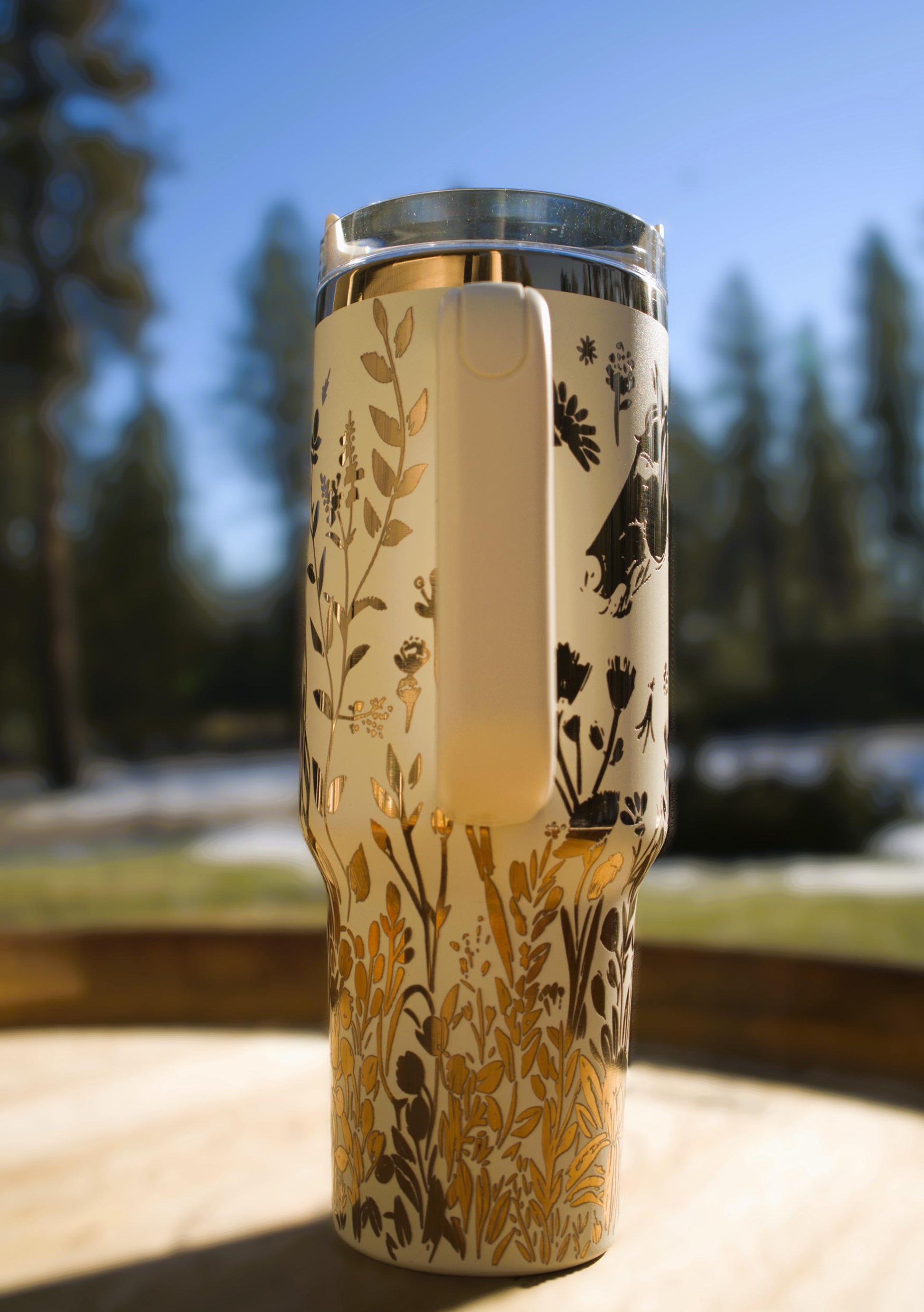 40 oz. Laser Engraved Tumbler Horse with Floral Design Copper & Cream Insulated Stanley Style