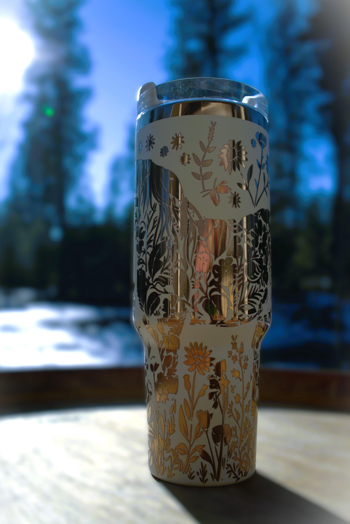 40 oz. Laser Engraved Tumbler Horse with Floral Design Copper & Cream Insulated Stanley Style