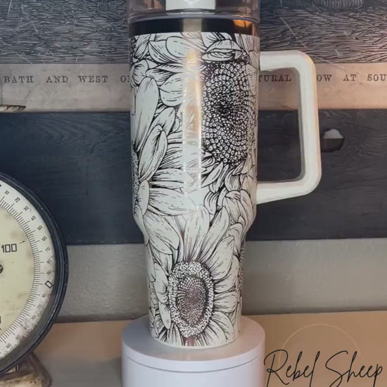 40 oz. Copper/Cream Tumbler with Handle Laser Engraved with Sunflowers