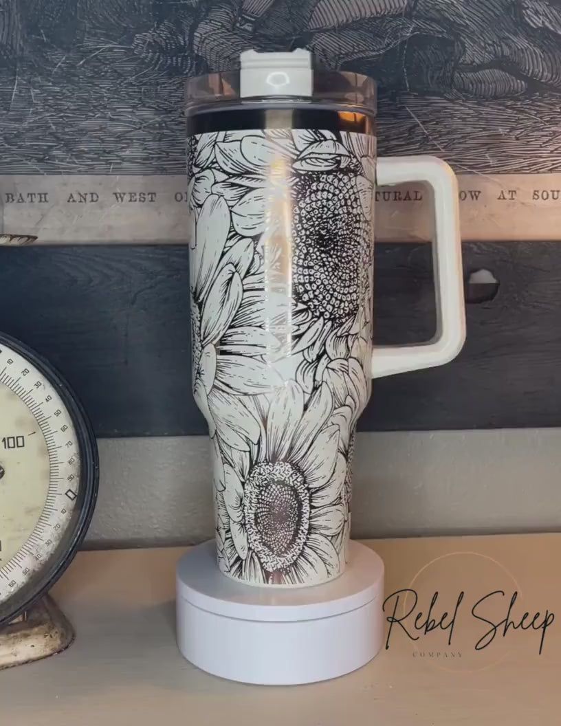 40 oz. Copper/Cream Tumbler with Handle Laser Engraved with Sunflowers