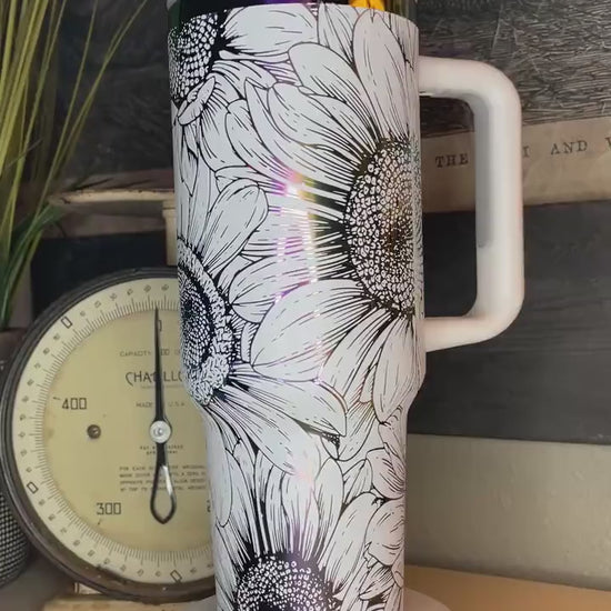 40 oz. Tumbler with Handle Laser Engraved with Sunflowers White on Rainbow