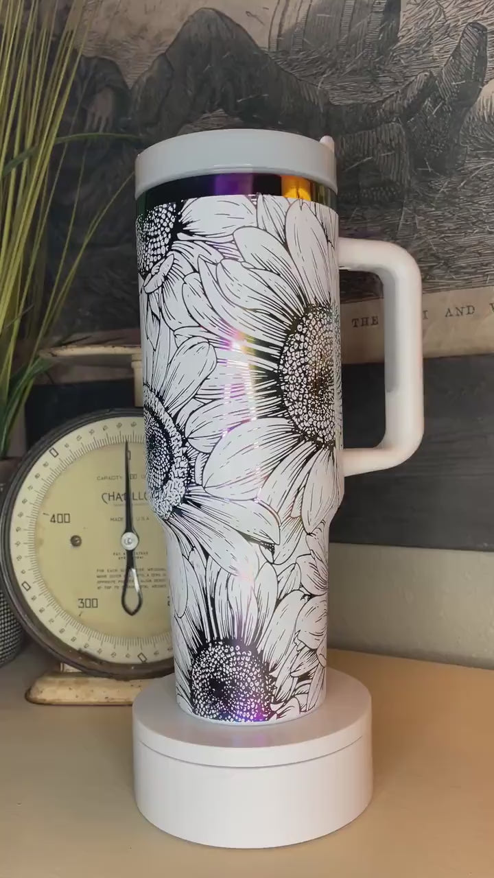 40 oz. Tumbler with Handle Laser Engraved with Sunflowers White on Rainbow