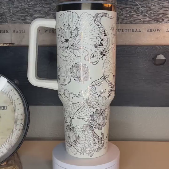 40 oz. Copper/Cream Tumbler with Handle Laser Engraved with Koi Fish