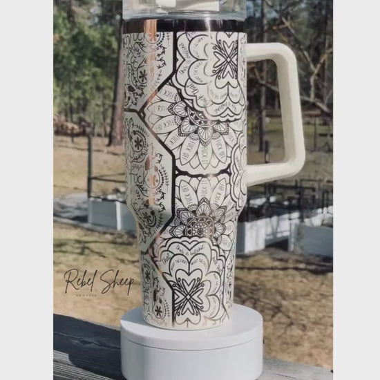 40 oz. Copper/Cream Tumbler with Handle Laser Engraved Mandala Cuss Word