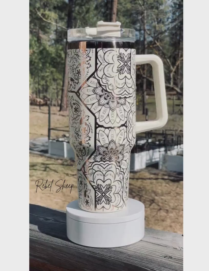 40 oz. Copper/Cream Tumbler with Handle Laser Engraved Mandala Cuss Word